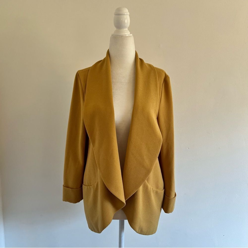 Bar III Mustard Yellow Textured Drape Open Front Blazer Jacket